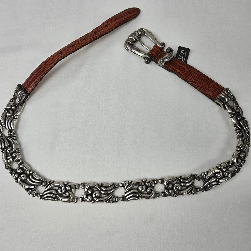 Vintage Brighton 1996 Silver Scroll Link Lizard Embossed Leather Belt M 34807